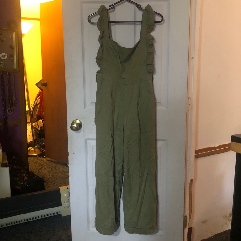 Serenade Ruffle Strap Pinafore Jumpsuit Olive